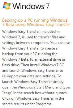 Backing up using Windows Easy Transfer on Win7 Beta